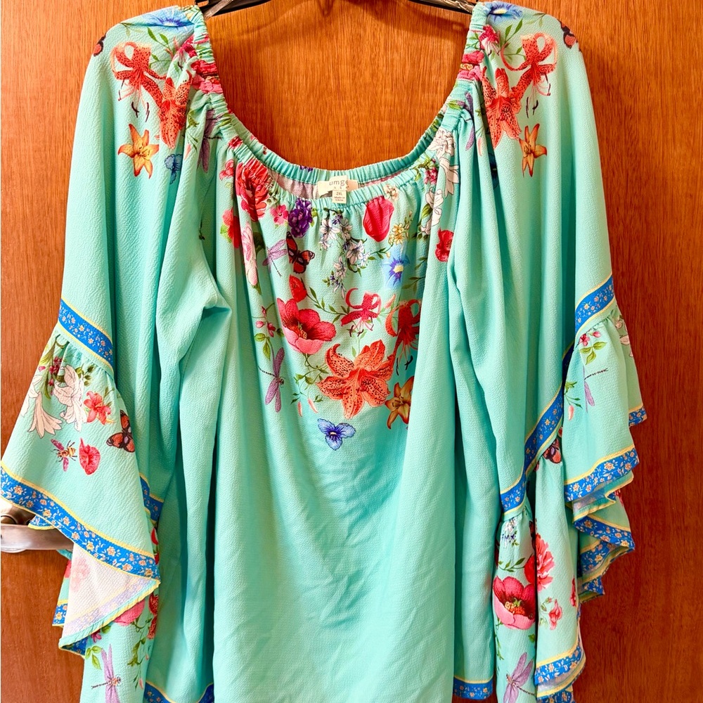 Umgee Mint Green Floral Off-Shoulder Tunic